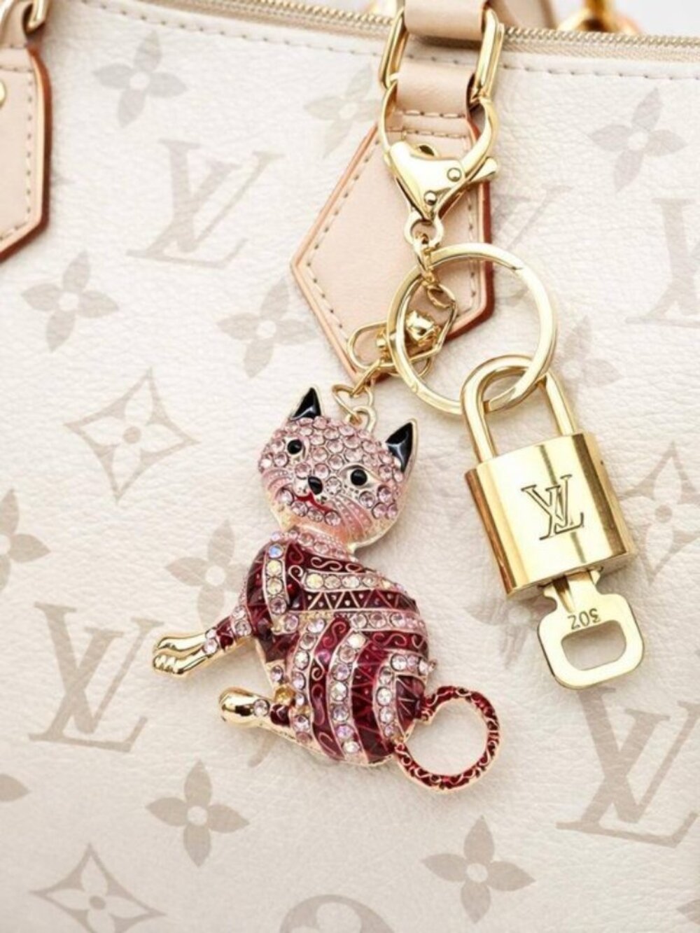 Authentic LV Gold Padlock & Key Set ✨ Luxury Bag Charm w/ Unbranded Cat Keychain